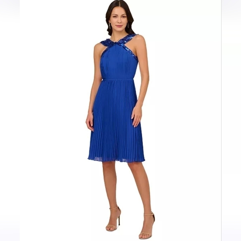 NWT Adrianna Papell Pleated Chiffon Sequin Halter Dress Brilliant Sapphire Sz 8